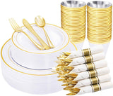 WELLIFE 700 Pieces Gold Plastic Dinnerware Set for 100 Guests - Includes Plates, Cups, Napkins, and Disposable Cutlery - Elegant White & Gold Design, Perfect for Parties and Events