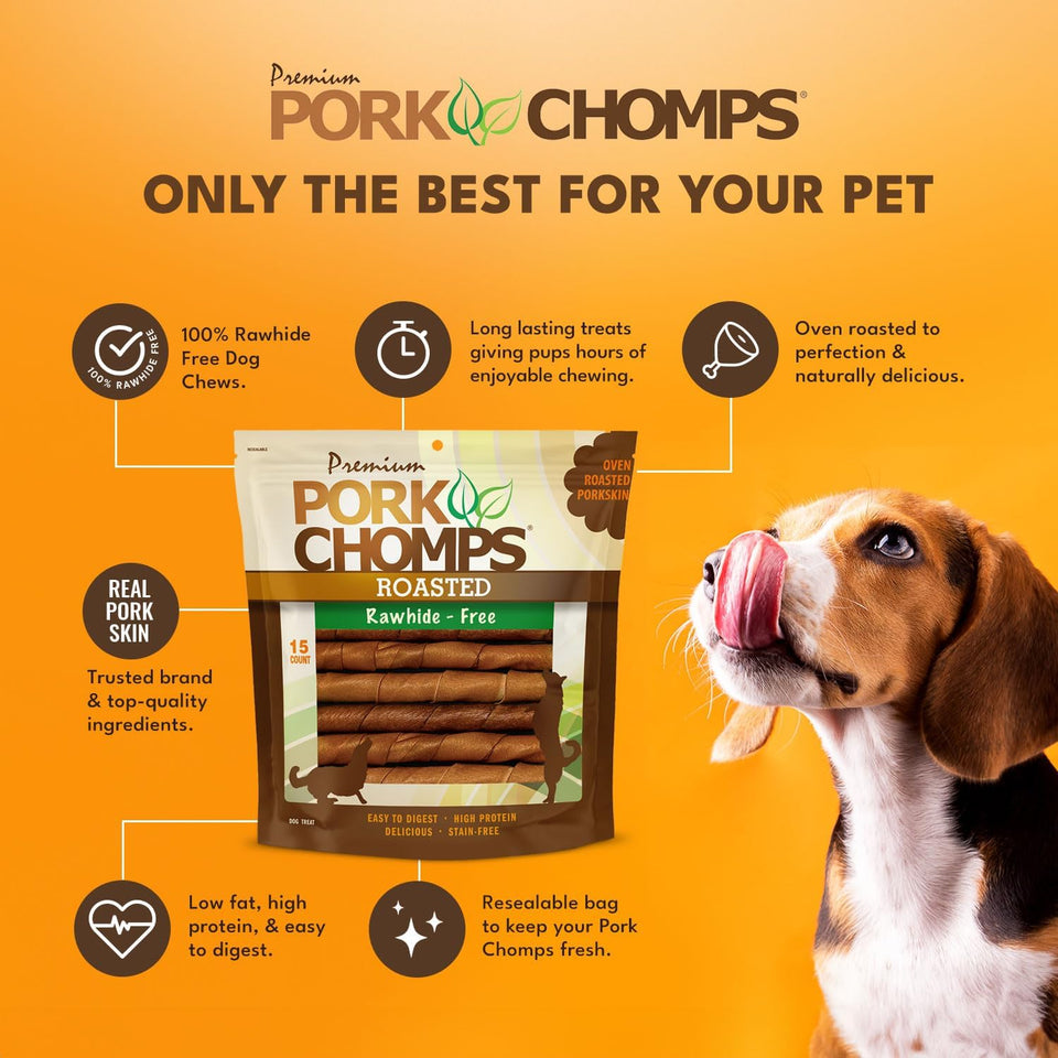 Pork Chomps Roasted Pork Skin Dog Chews, 6-inch Twists, 100% Rawhide Free, 15 Count