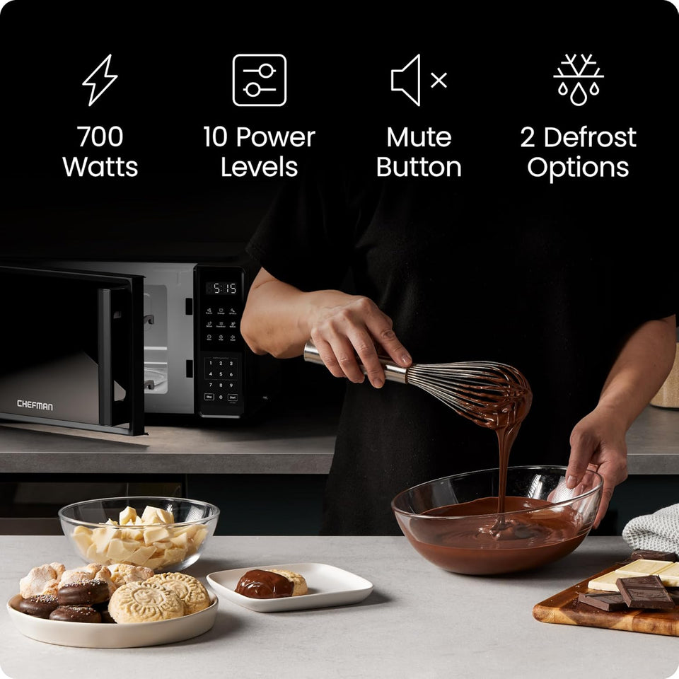 Chefman Countertop Microwave Oven 0.7 Cu. Ft., 700 Watts with 10 Power Levels, 6 Cooking Presets with One-Touch Express Cook, Eco Mode, Child Safety Lock, & Mute Button - Black