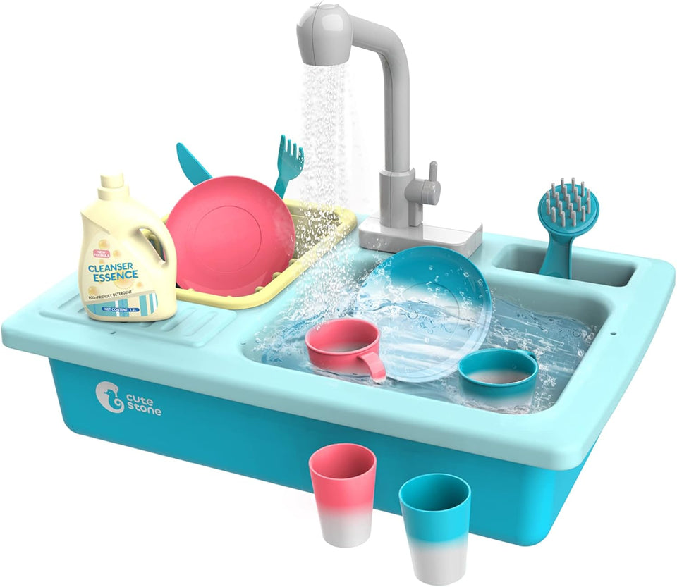 CUTE STONE Pretend Play Kitchen Sink Toys with Play Cooking Stove, Pot and Pan with Spray Realistic Light and Sound, Dish Rack & Play Cutting Food, Utensils Tableware Accessories for Kids Toddlers