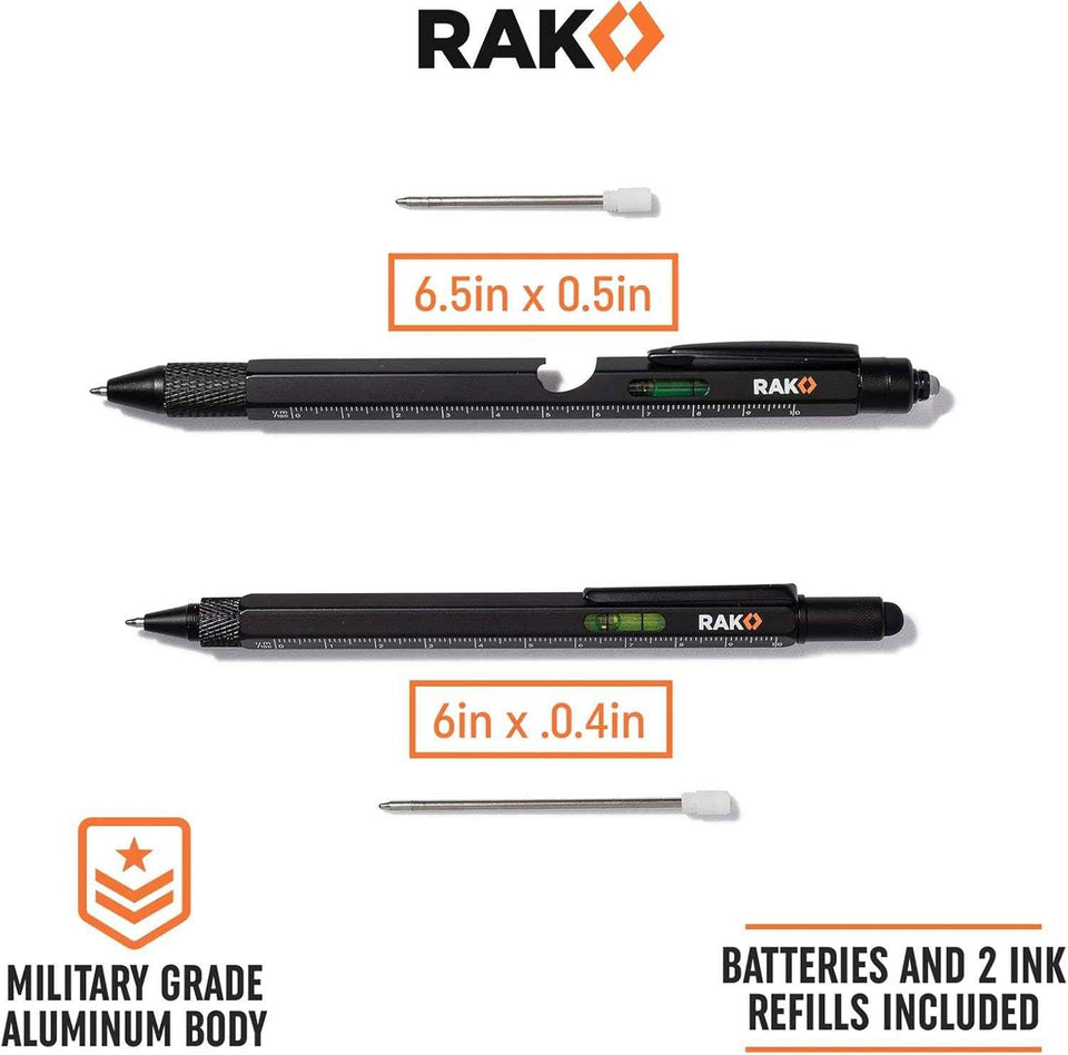 RAK Multitool Pen - Multi-Tool Pens with LED Light, Flathead, Phillips Screwdrivers, Level, Ruler, Bottle Opener, and Stylus