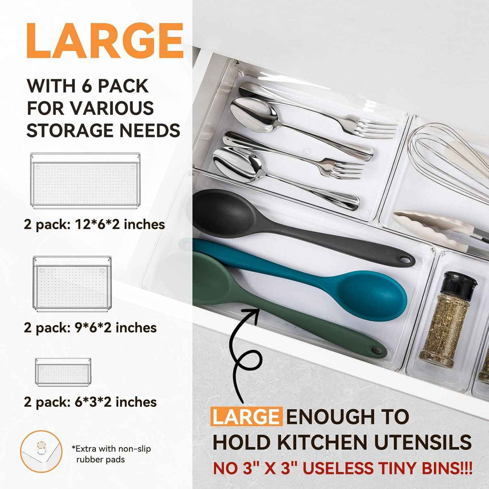 6-Pack Large Clear Plastic Drawer Organizer Trays - Acrylic Kitchen Storage Dividers for Makeup, Utensils, Bathroom & Office
