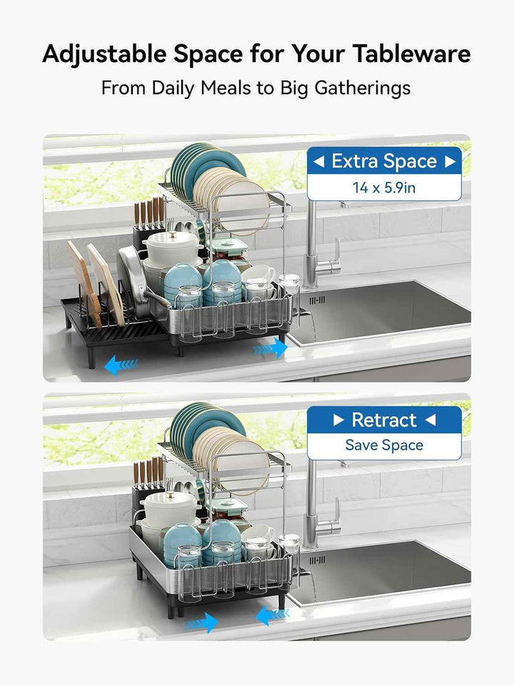 SUNLY 2 Tier Extra Large Dish Drying Rack, Expandable for Kitchen Counter, Multifunctional, Black