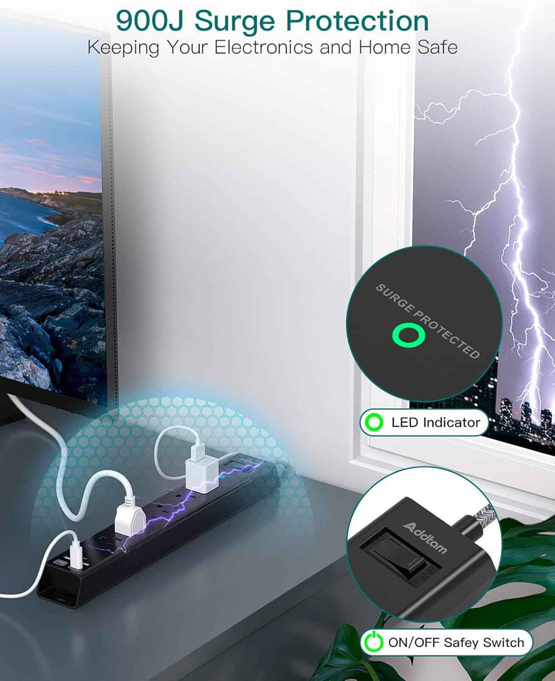 Surge protector power strip with 6 AC outlets and 4 USB ports, flat plug, 1875W/15A, overload protection