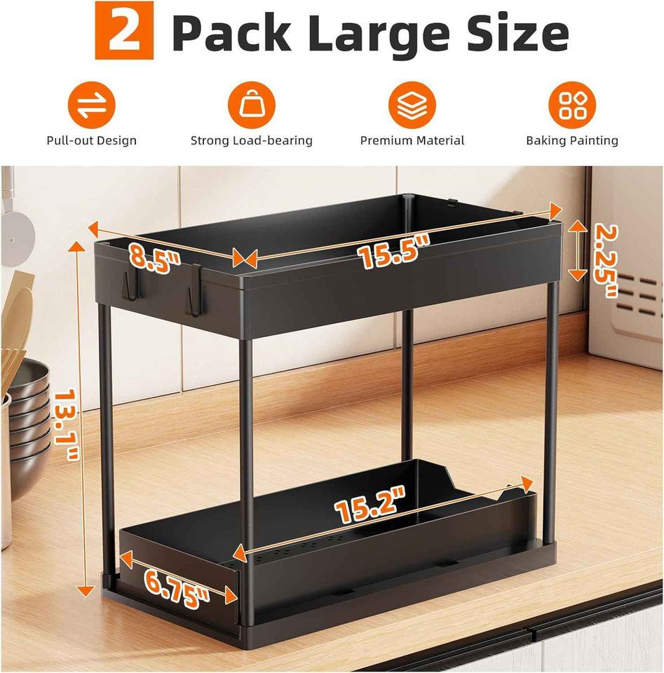 Simple Trending Under Sink Organizer 2-Pack, 2-Tier Pull-Out Sliding Storage Cabinet for Kitchen Bathroom, Black