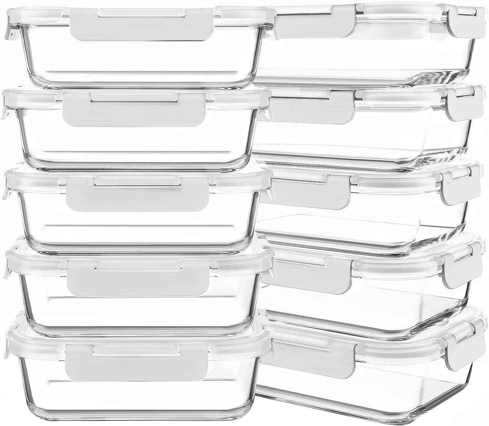KOMUEE 10 Packs 30 oz Glass Meal Prep Containers,Glass Food Storage Containers with Lids,Airtight Lunch Bento Boxes,Microwave,Freezer and Dishwasher,Gray