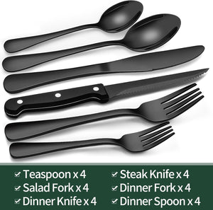 EWFEN 24-Piece Black Silverware Set with Steak Knives, Black Flatware Set for 4, Food-Grade Stainless Steel Tableware Cutlery Set, Mirror Finished Utensil Sets for Home Restaurant, Round Edge