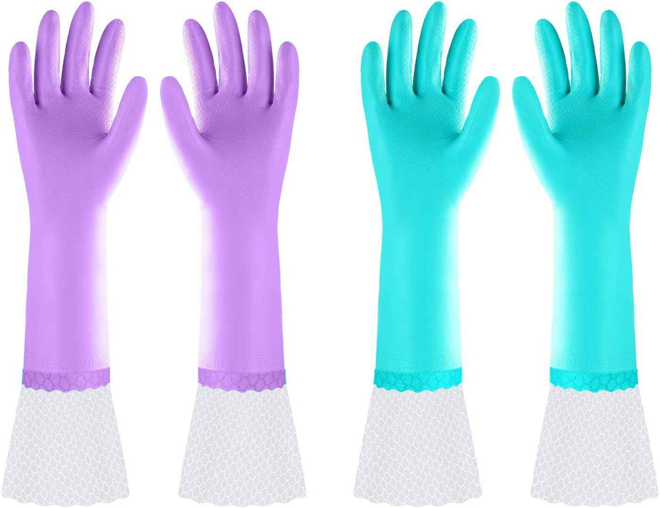 Elgood Reusable Dishwashing Cleaning Gloves with Latex free, Cotton lining,Kitchen Gloves 2 Pairs,Purple+blue Medium