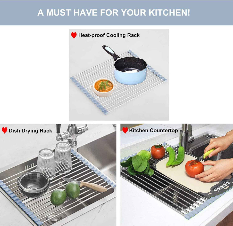 Over the Sink Dish Drying Rack - Foldable Dish Drainer - Stainless Steel - Gray