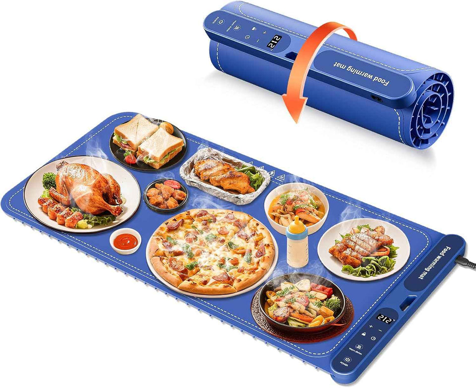 Extra Large 32"x15" Electric Silicone Food Warmer Tray, 7-Level Temp 8-Hour Timer, Portable Countertop Food Warmers for Parties, Blue