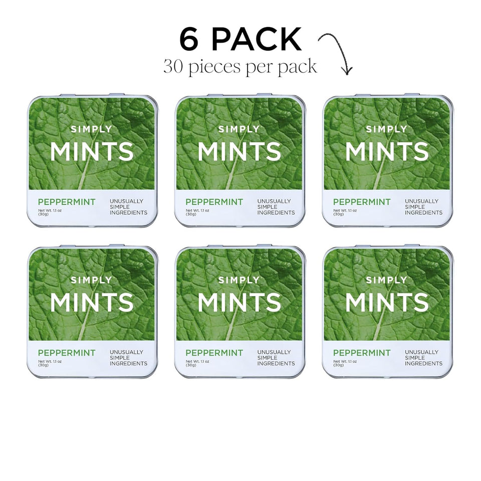 Simply Mints Natural Peppermint Breath Mints, 6 pack with 180 pieces, made with real peppermint oil and no artificial ingredients