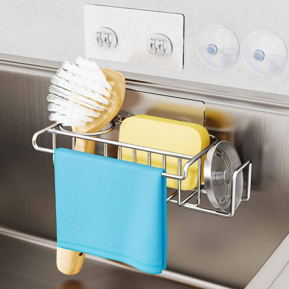 HapiRm 4-in-1 Stainless Steel Sink Caddy with Sponge Holder, Dish Cloth Hanger, Soap Rack, and Sink Stopper Rack