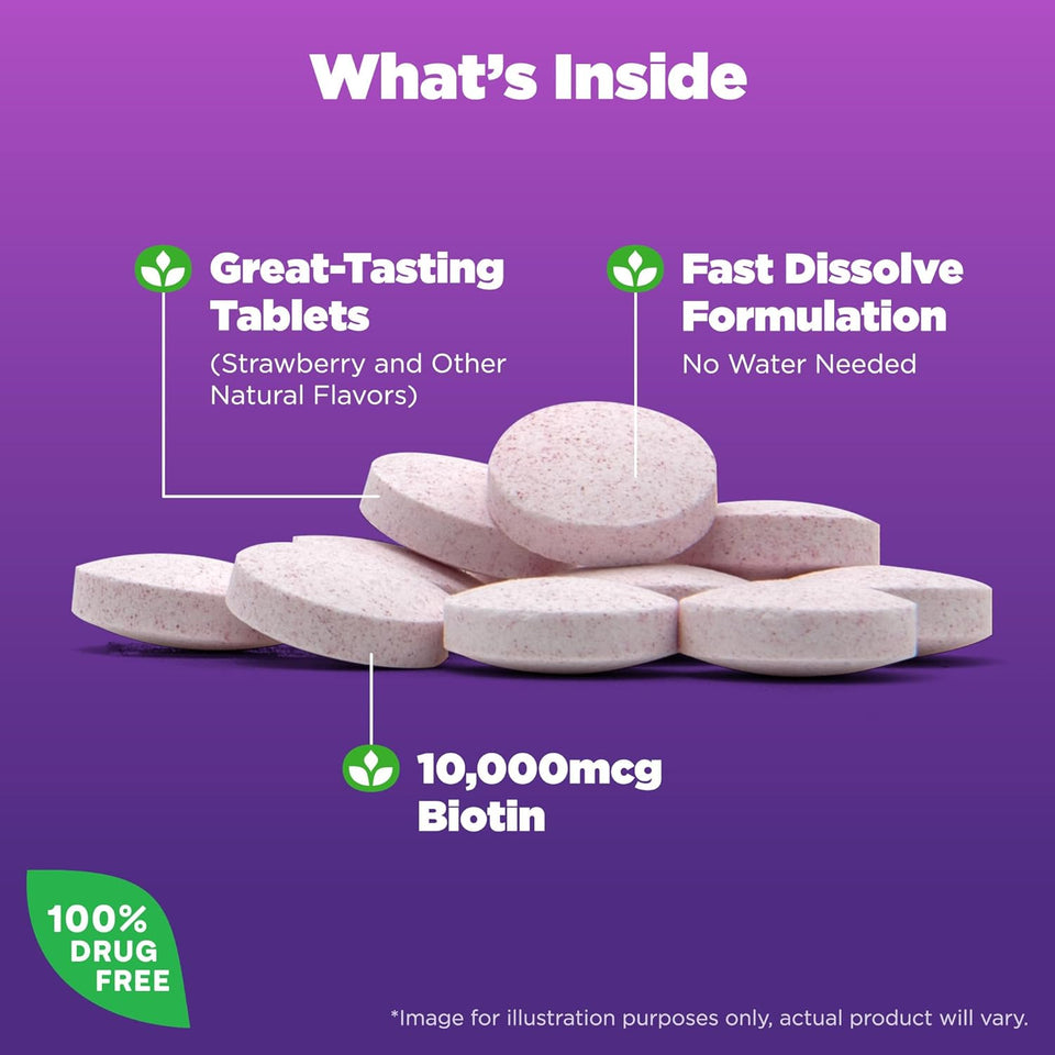 Natrol Biotin 10000mcg, 4X Faster Dissolve Supplement for Healthy Hair, Skin and Nails for Those Low in Biotin, Plus Energy Metabolism Support, 60 Tablets, Up to a 60 Day Supply