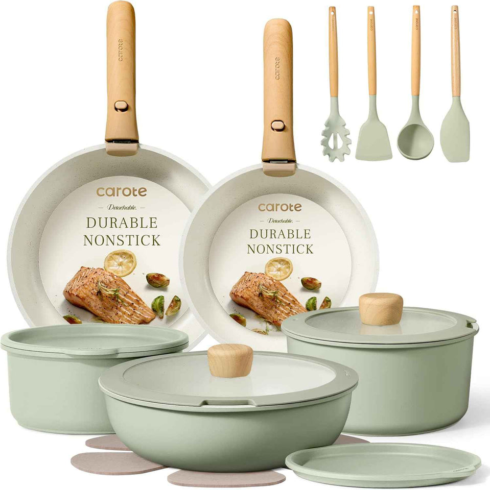 CAROTE 19pcs Nonstick Cookware Set with Detachable Handle, Induction Ready, Oven Safe, Sage Green, RV Cookware