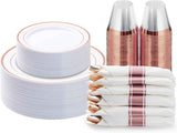 BESTVIP 700PCS Gold Plastic Dinnerware Set for 100 Guests, Disposable Plates for Party, Include: 200 Plastic Plates, 100 Pre Rolled Napkins with Gold Silverware, 100 Cups for Christmas, Halloween