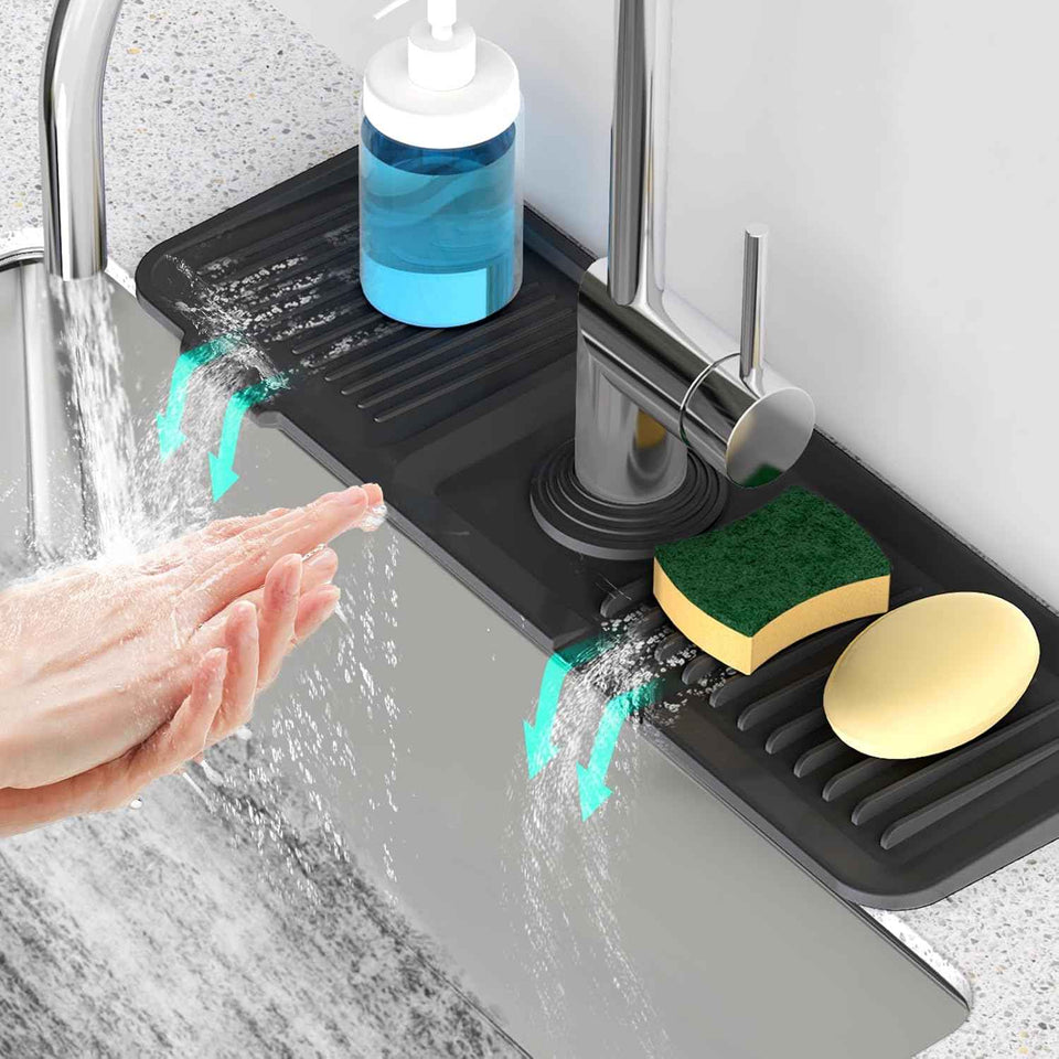 24 inch longer faucet mat for kitchen sink, 5° slope fast self-draining kitchen sink splash guard silicone