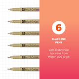 SAKURA Pigma Micron Fineliner Pens - Archival Black Ink Pens - Pens for Writing, Drawing, or Journaling - Assorted Point Sizes - 6 Pack
