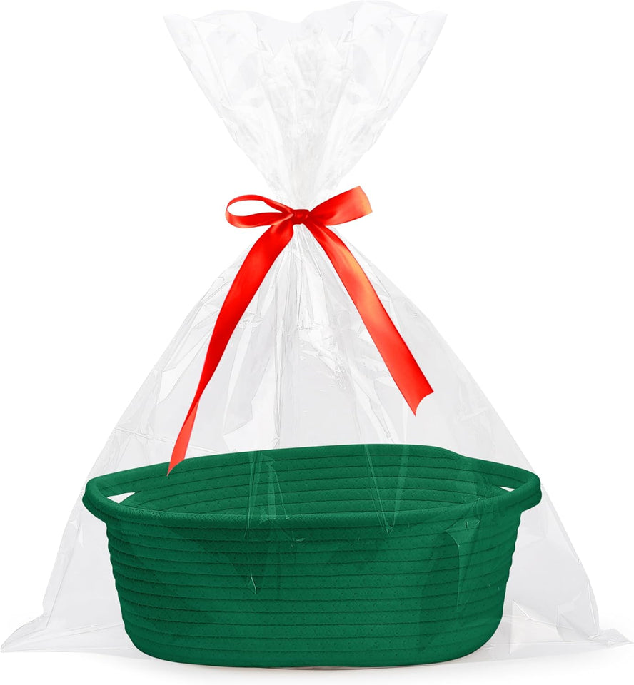 White small woven burr basket with gift bags and ribbons, 12" x 8" x 5", durable storage for gifts, baby toys, and living room essentials