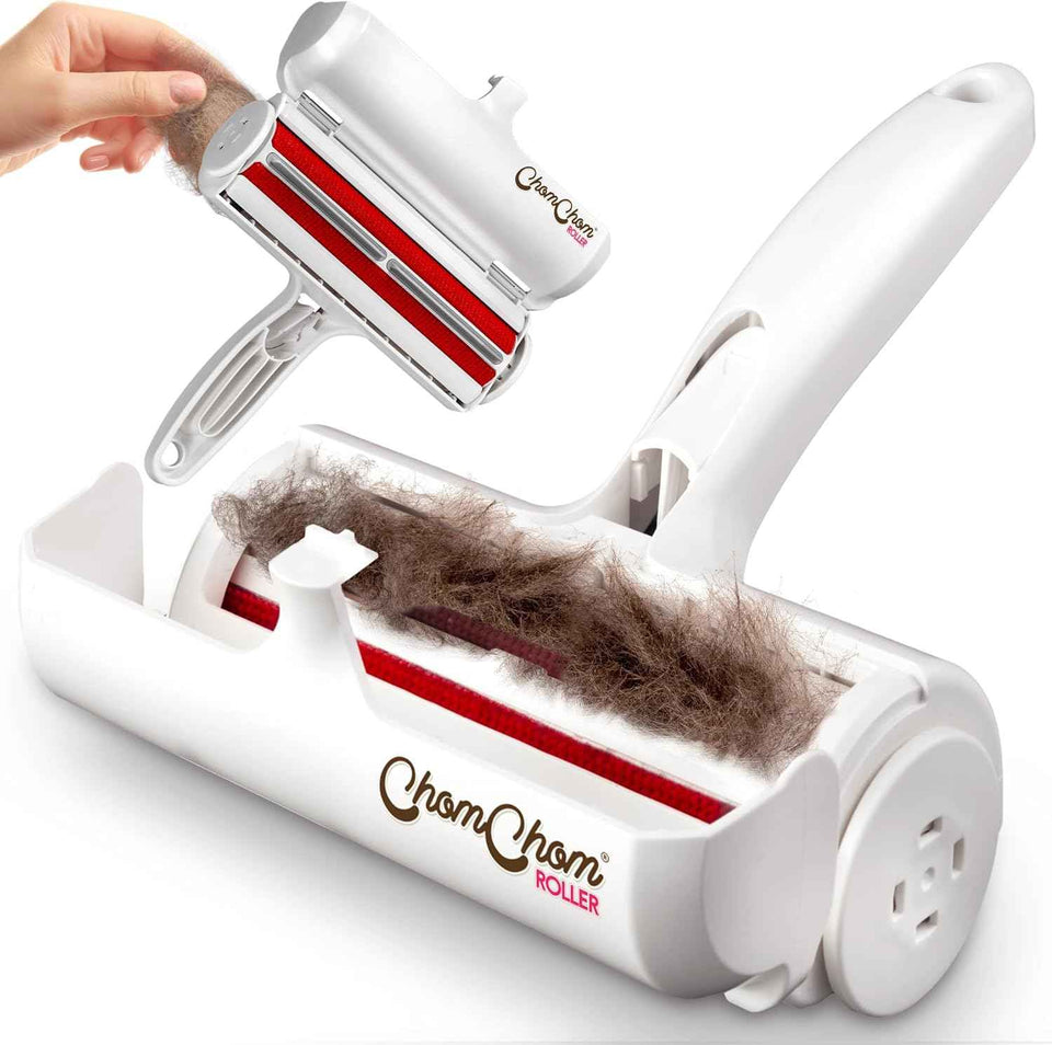 ChomChom roller pet hair remover and reusable lint roller for cat and dog hair removal on furniture, couch, carpet, clothing and bedding