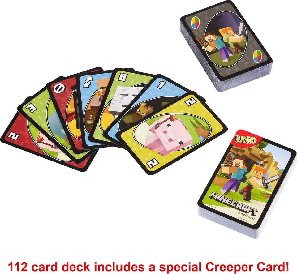 Mattel Games UNO Card Game, Gifts for Kids and Family Night, Themed to Minecraft Video Game, Travel Games, Storage Tin Box (Amazon Exclusive)
