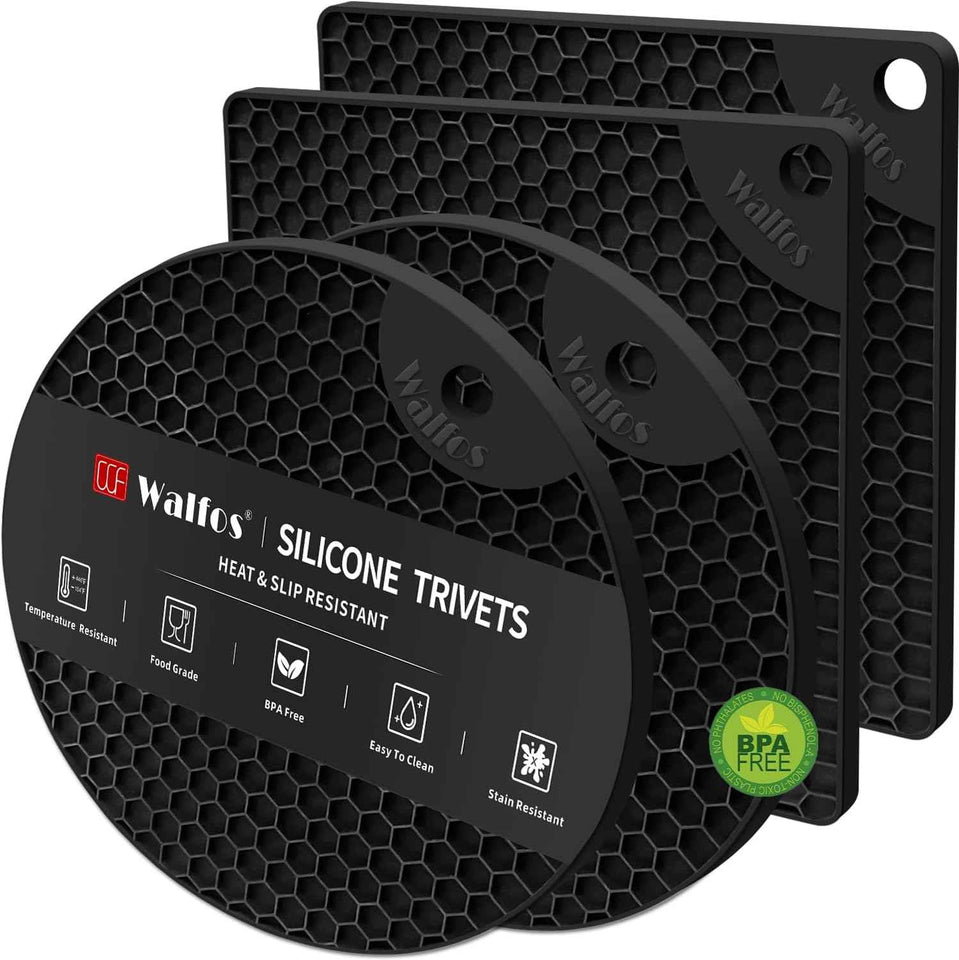 4-pack Walfos silicone trivet mats - heat resistant kitchen pot holders, non-slip hot pads, black