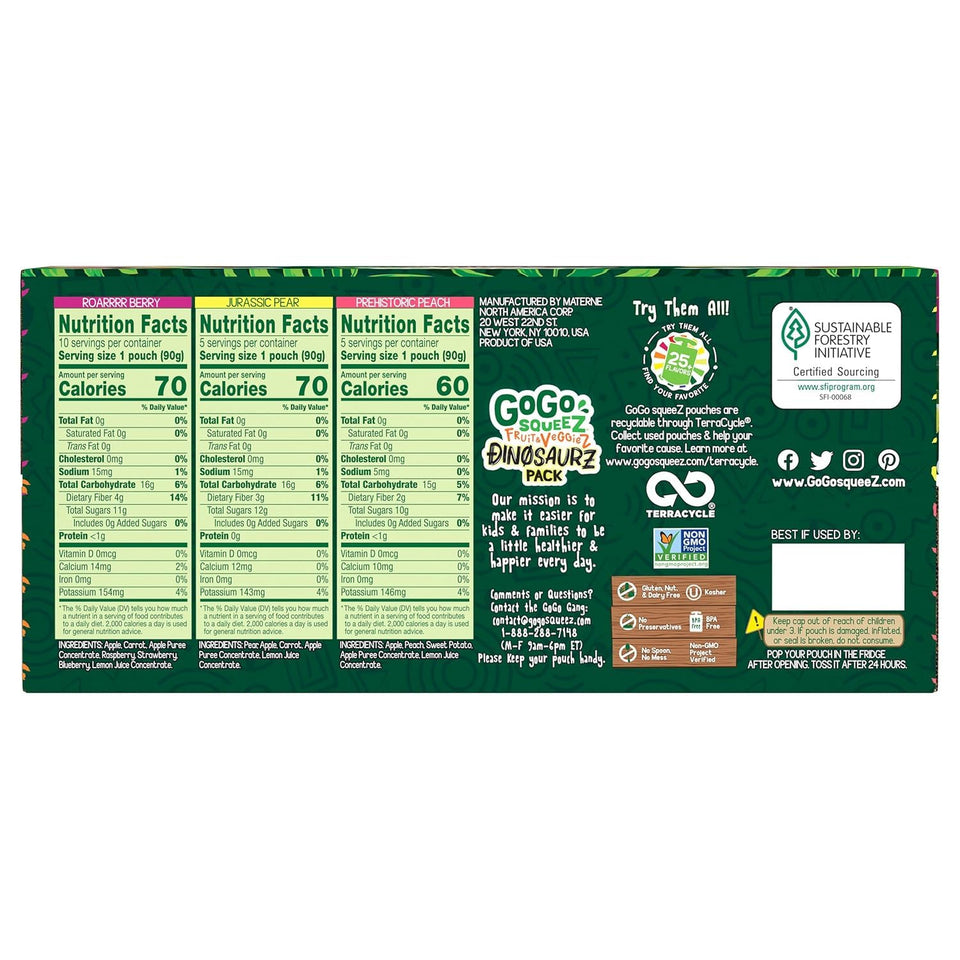 gogo squeeZ fruit & veggieZ applesauce and puree variety pack, 20 count, 3.2 oz, unsweetened snacks for kids, bpa free pouches