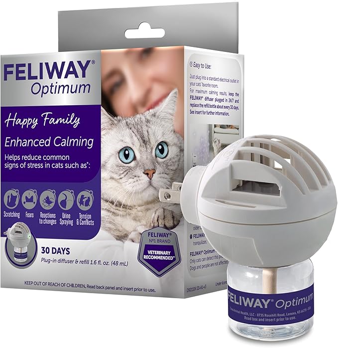 FELIWAY Optimum 30-Day Cat Calming Plug in Pheromone Diffuser Starter Kit, 48ml - Helps Reduce Common Signs of Stress in Cats & Kittens, Enhanced Calming