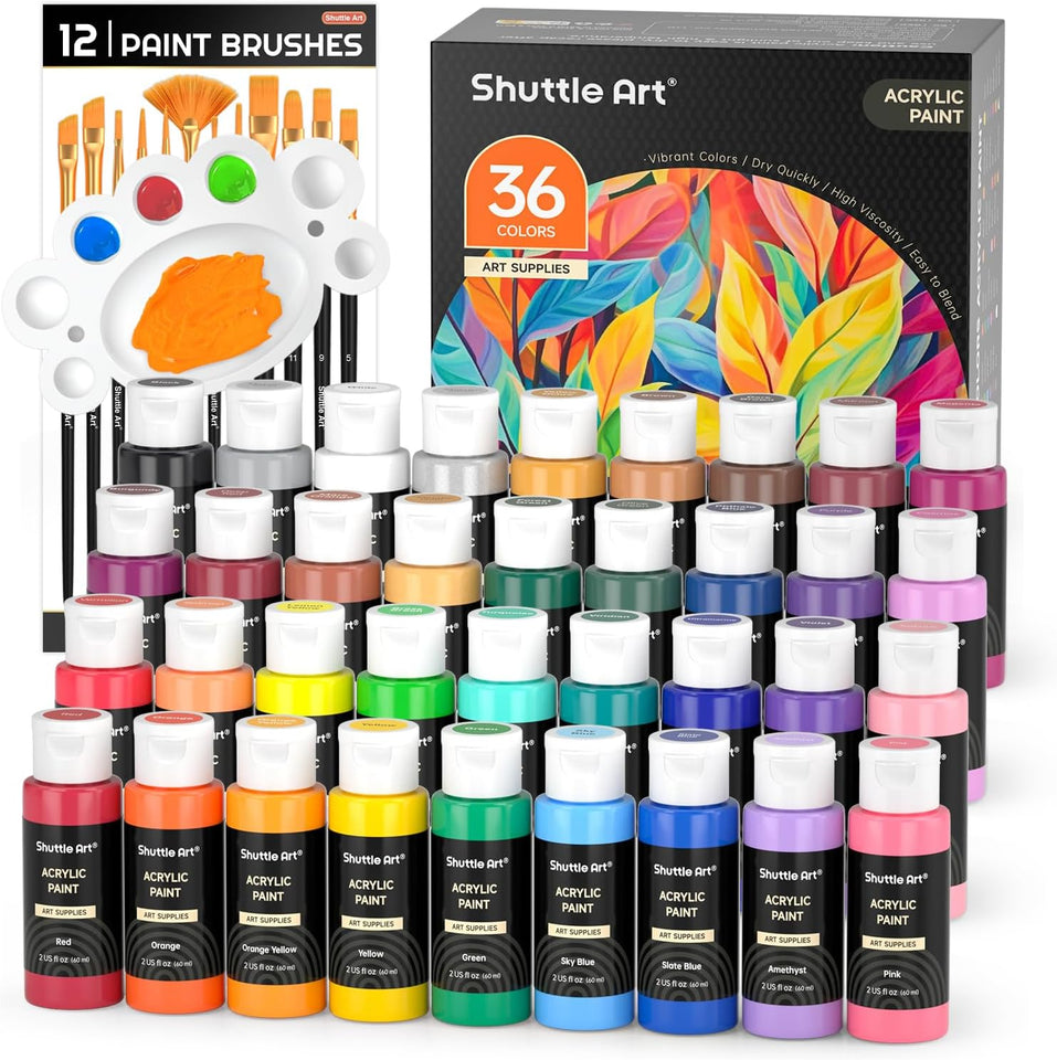 Shuttle Art Acrylic Paint, 36 Colors Acrylic Paint Set with Brushes & Palette, 2oz/60ml Bottles, Rich Pigments Non-toxic for Artists Kids & Adults, Painting on Canvas Rocks Ceramic Wood