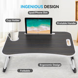 BUYIFY Folding Lap Desk, 23 Inch Portable Wood Black Laptop Bed Desk Lap Desk with Cup Holder, for Working Reading Writing, Eating, Watching Movies for Bed Sofa Couch Floor