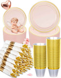 BESTVIP 700PCS Gold Plastic Dinnerware Set for 100 Guests, Disposable Plates for Party, Include: 200 Plastic Plates, 100 Pre Rolled Napkins with Gold Silverware, 100 Cups for Christmas, Halloween