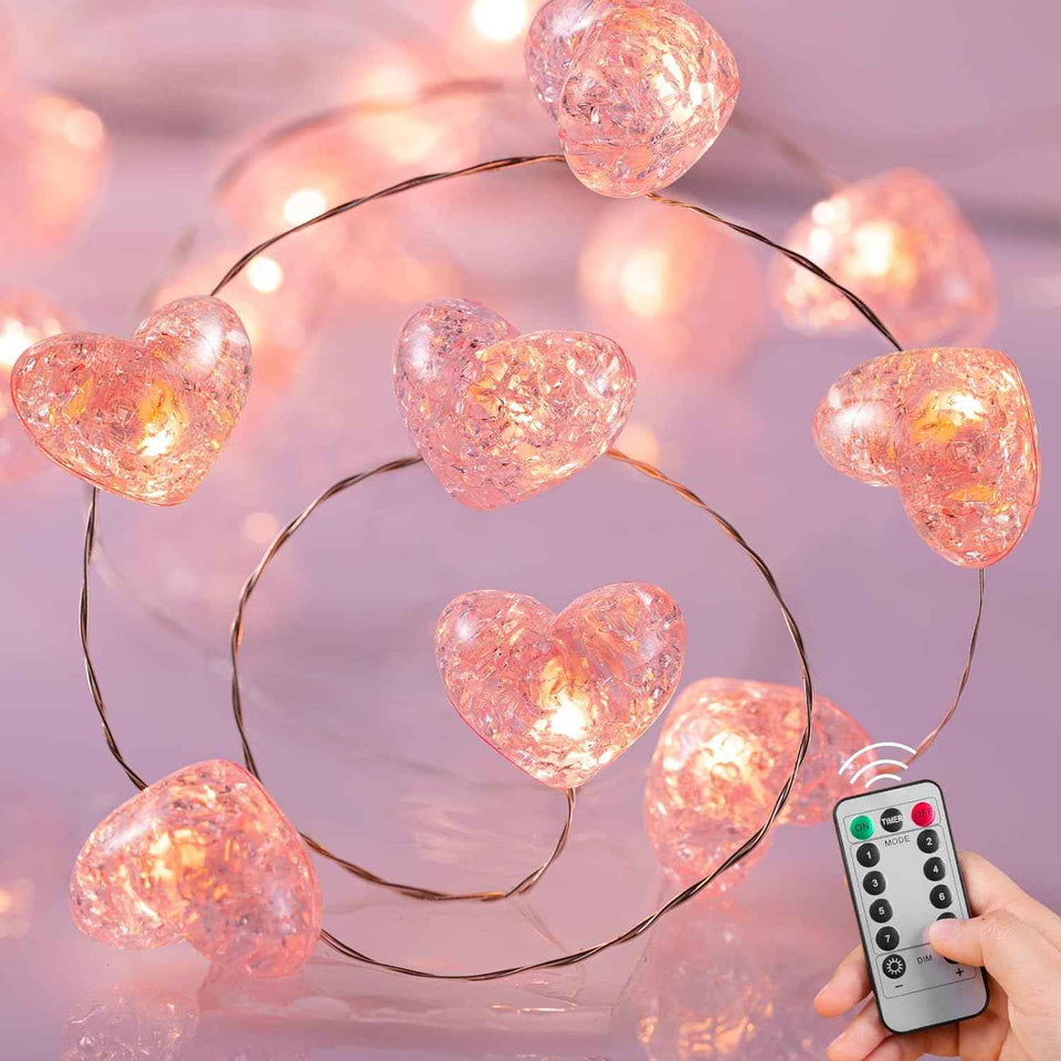 Battery Operated 10.5ft 30 LED Pink Heart Fairy String Lights with Timer and Remote