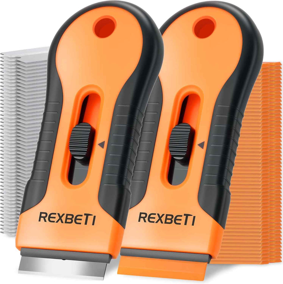 Rexbeti Razor Blade Scraper Tool, 2 Pack, Cleaning Scraper with Extra 80Pcs Razor Blades and 50Pcs Plastic Blades