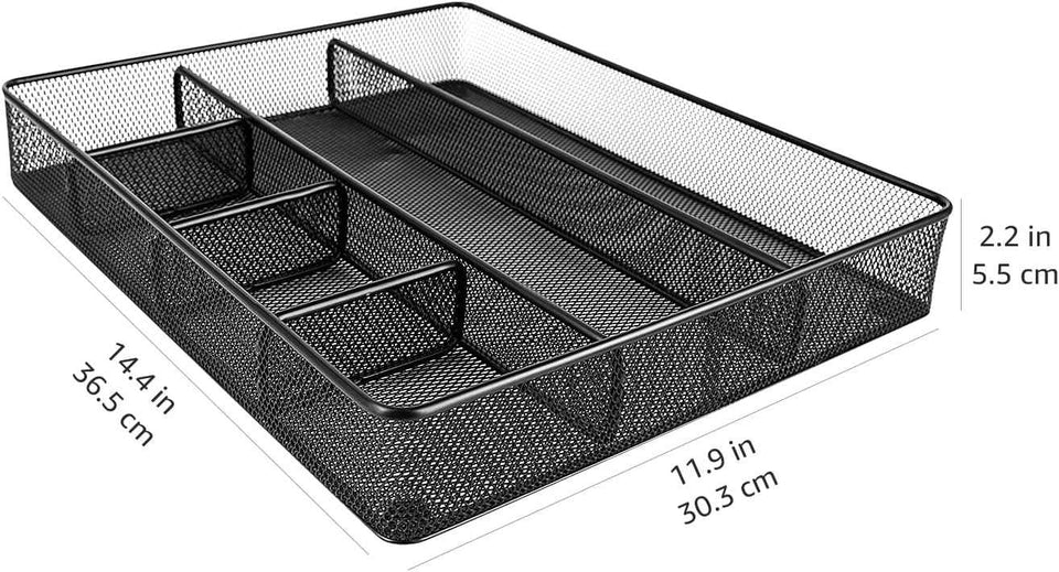 Desk Drawer Organizer - Metal Mesh, Anti-Slip, 6 Compartments, Black