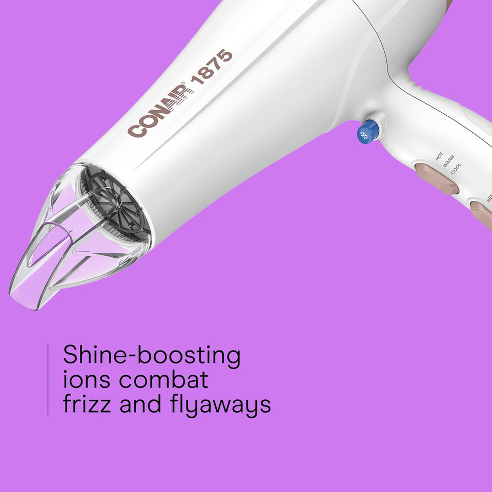 Conair Double Ceramic Hair Dryer with Diffuser | Blow Dryer with Ionic Conditioning | Includes Diffuser and Concentrator | Amazon Exclusive, White