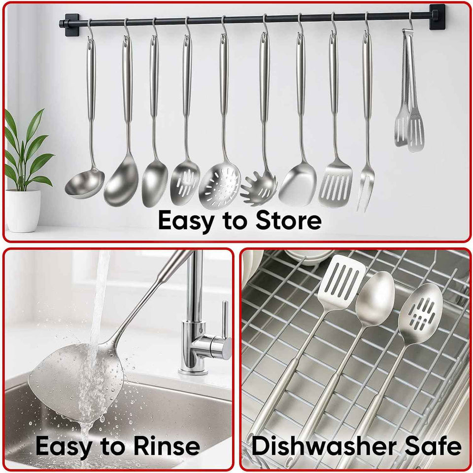 Newness 16 Pcs Cooking Utensils Set, 304 Stainless Steel Kitchen Utensils Set, Metal Kitchen Accessories, Include Soup Ladle, Slotted Skimmer Spoon, Spaghetti Spoon and Spatula, Dishwasher Safe