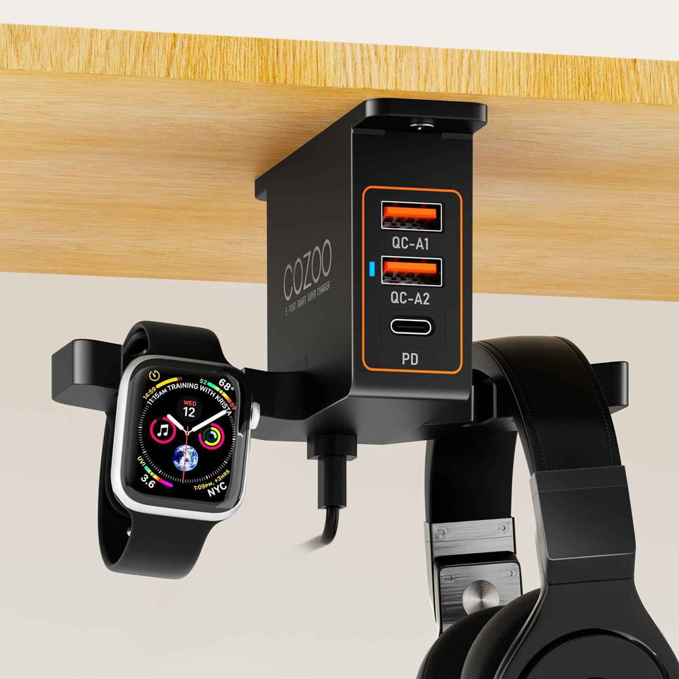 cozoo head phone stand with usb charger under desk headset holder mount 3 usb charging station and iwatch stand