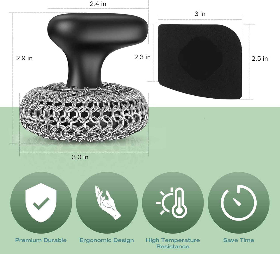 Purgreat Cast Iron Scrubber for Cast Iron Pan Skillet Cleaner - Dish Scouring Pad Dishwasher Safe Cleaning Kit, Black