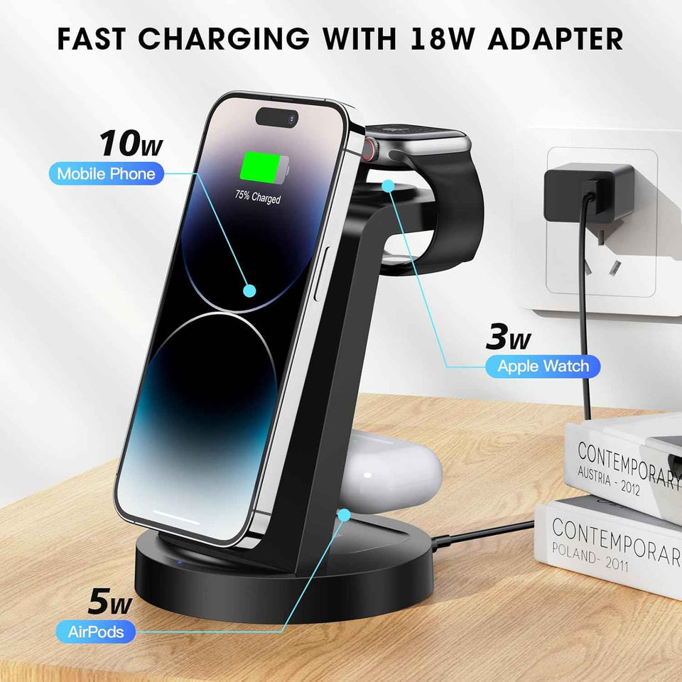 3-in-1 wireless charging station for iPhone, AirPods, and Apple Watch compatibility