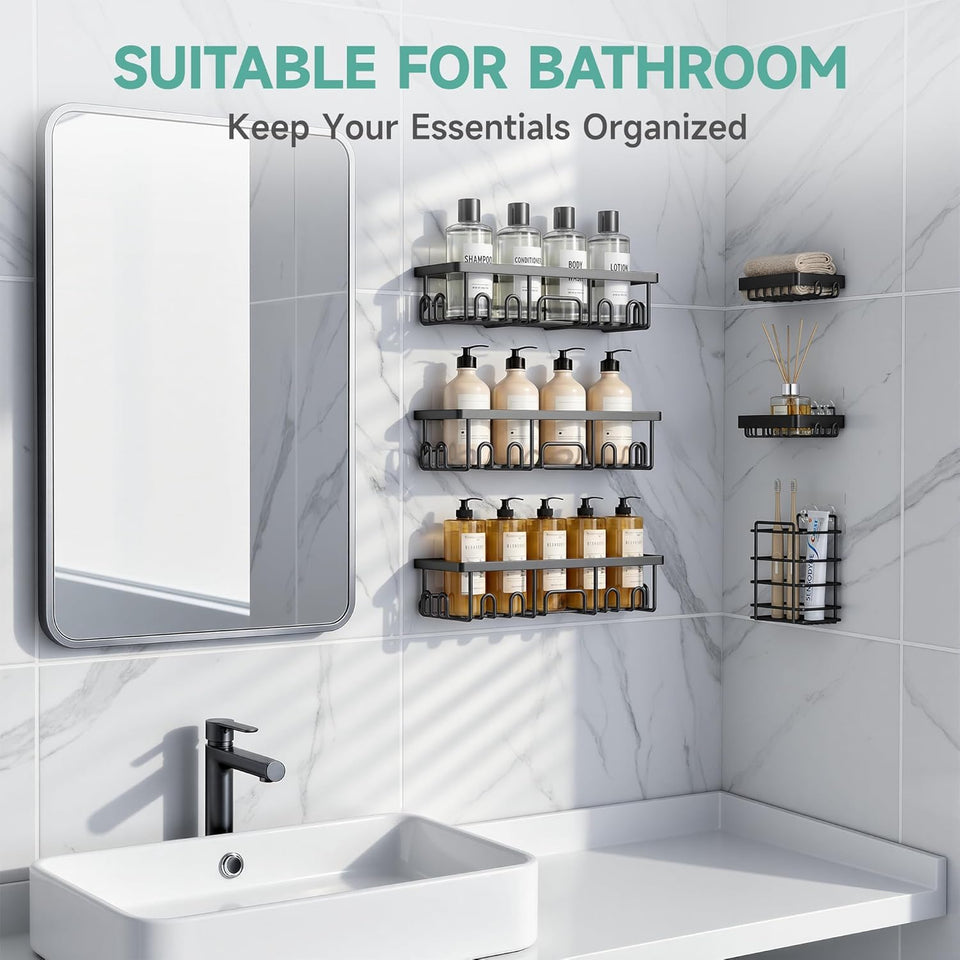 Veken Shower Caddy 6-Pack, Advanced Rustproof Design, No Drilling Adhesive Shelves, Rack with Soap Holder, Large Capacity Bathroom Organizers and Storage, Wall-Mounted Kitchen & Home Decor