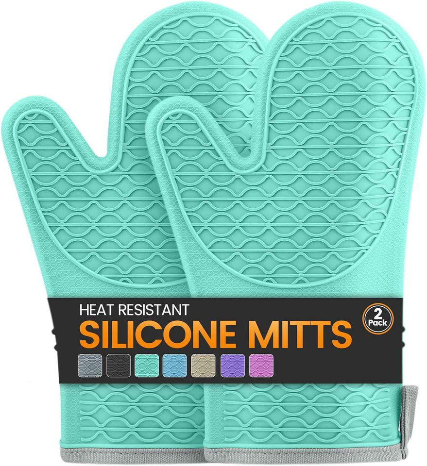 Silicone Oven Mitts, Heat Resistant 2PCS Oven Mitts with Soft Cotton Lining, Waterproof Non-Slip Grip Oven Glove, Kitchen Potholder Mits for BBQ, Baking, Cooking, 12.5 Inch - Grey