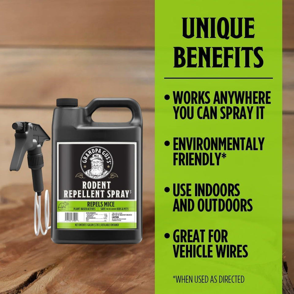 Grandpa Gus's Rodent Repellent Spray with Sprayer, Natural Peppermint & Cinnamon Oils Repel Mice and Stop Rats, 1 Gallon (Pack of 1)