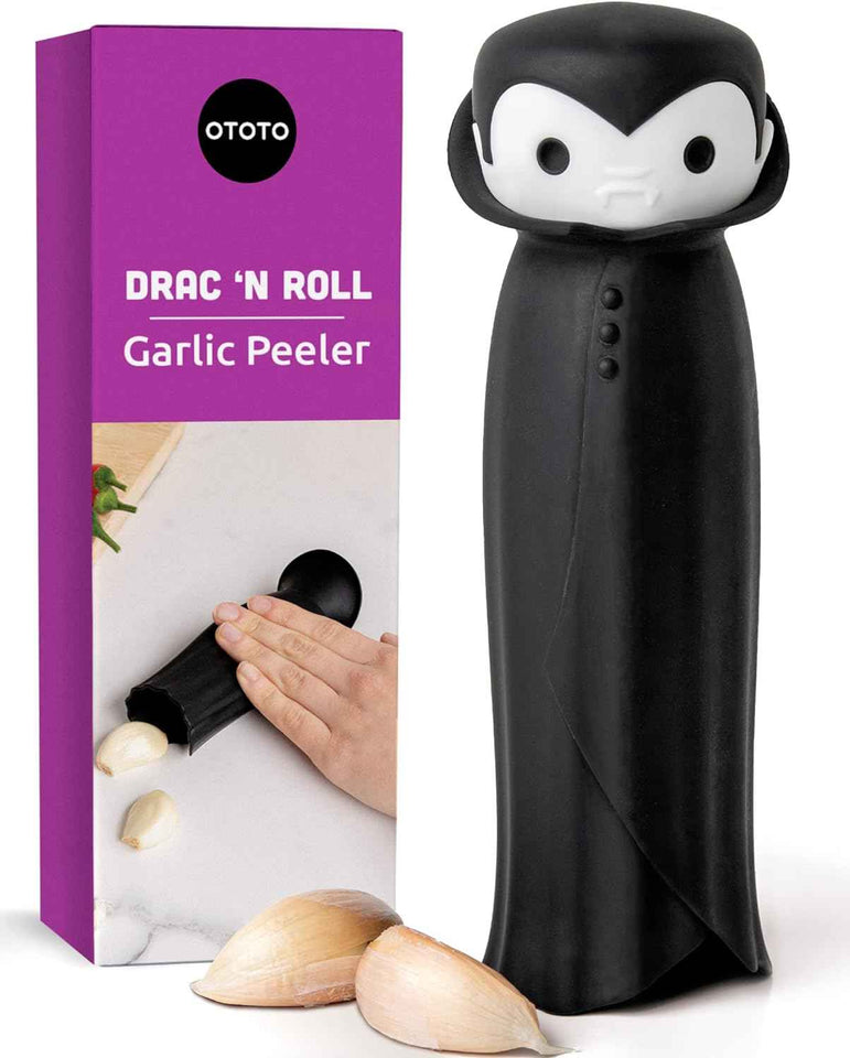 OTOTO Gracula Garlic Crusher, Garlic Mincer, Also for Ginger, Nuts, Chili, Herbs - Twist Top Mincer & Easy Squeeze Manual Press Peeler, Goth Gifts