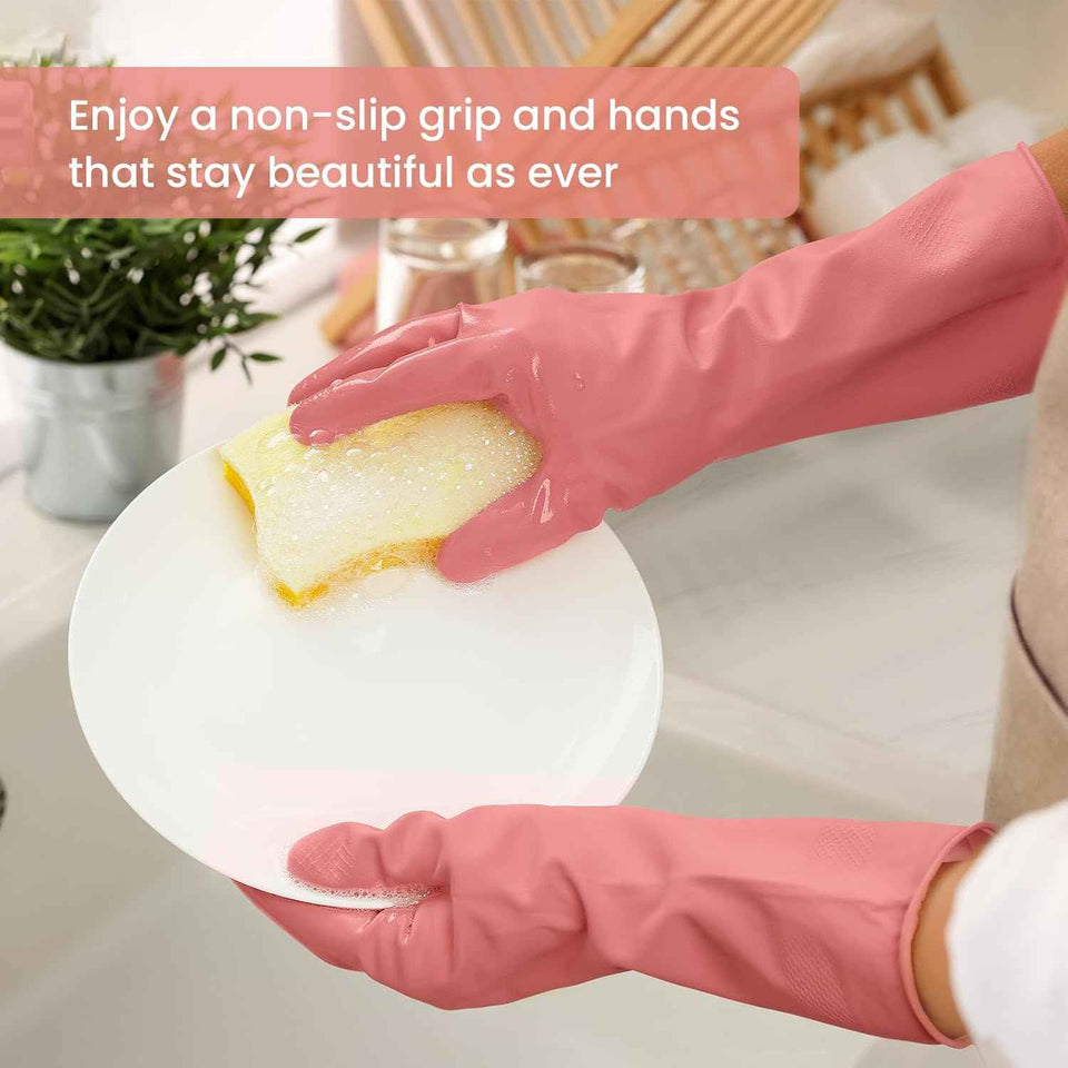 Reusable Rubber Dishwashing Gloves, 4 Pairs Kitchen Gloves for Washing Dishes and Cleaning, Non-Slip Grip, Flocked Lining, Perfect for Women and Men