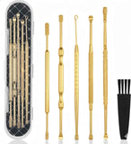 Hion 6 Pcs Extended Ear Wax Removal Kit,Professional Double-Headed Ear Pick Earwax Removal Tools,316L Stainless Steel Ear Cleaner Curette with Cleaning Brush and Storage Box,Suit for Kid Adult(Gold)