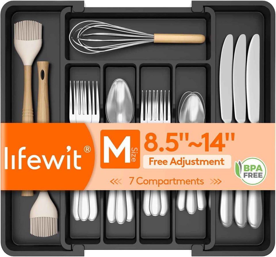 Lifewit silverware drawer organizer with adjustable expandable tray for kitchen, BPA free flatware holder