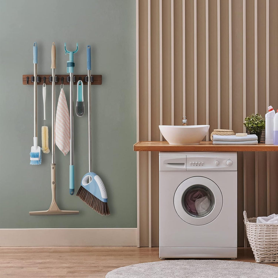 Mop and Broom Holder Wall Mount - Rustic Wood Broom Mop Hanger - Wall Mounted Garden Tool Rack Organizer for Closet Garage Laundry Room Kitchen Decor With 4 Slots & 4 Hooks - Rayz Mart
