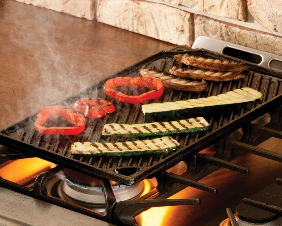Lodge Reversible Cast Iron Grill/Griddle, 9.5 x 16.75 Inch Pre-Seasoned, Stove, Grill, or Campfire Use, Heavy-Duty, Black, Made in USA