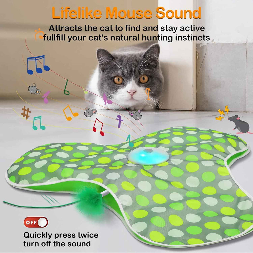 Interactive Concealed Feathers Cat Toy, Rechargeable, Touch Activated, Real Mouse Squeaky, Indoor Exercise Toy for Adult Cats