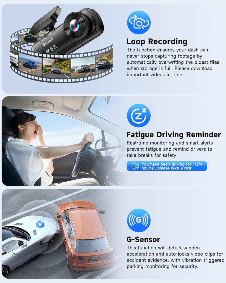 SARMERT 4K 3 Channel Dash Cam, Dash Cam Front and Rear C3, Free 64GB Card, 4K+1080P+1080P Dashcam, G-Sensor, WDR, APP, 5G WiFi, Night Vision, 24H Parking Monitor
