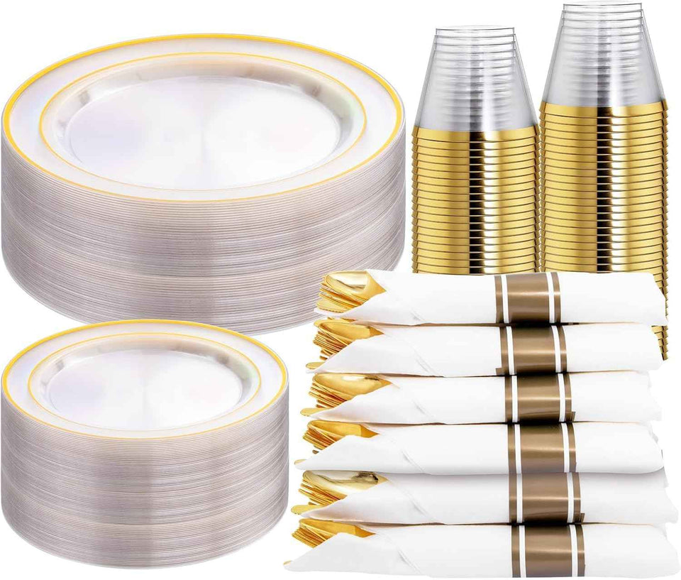 WELLIFE 700 Pieces Silver Plastic Dinnerware Set for 100 Guests - Includes Plates, Cups, Napkins, and Disposable Cutlery - Elegant White & Silver Design, Perfect for Parties and Events